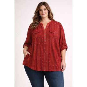 New Directions Woman Blouse Women 2X Red Sequin Embroidered Henley Boho Tunic